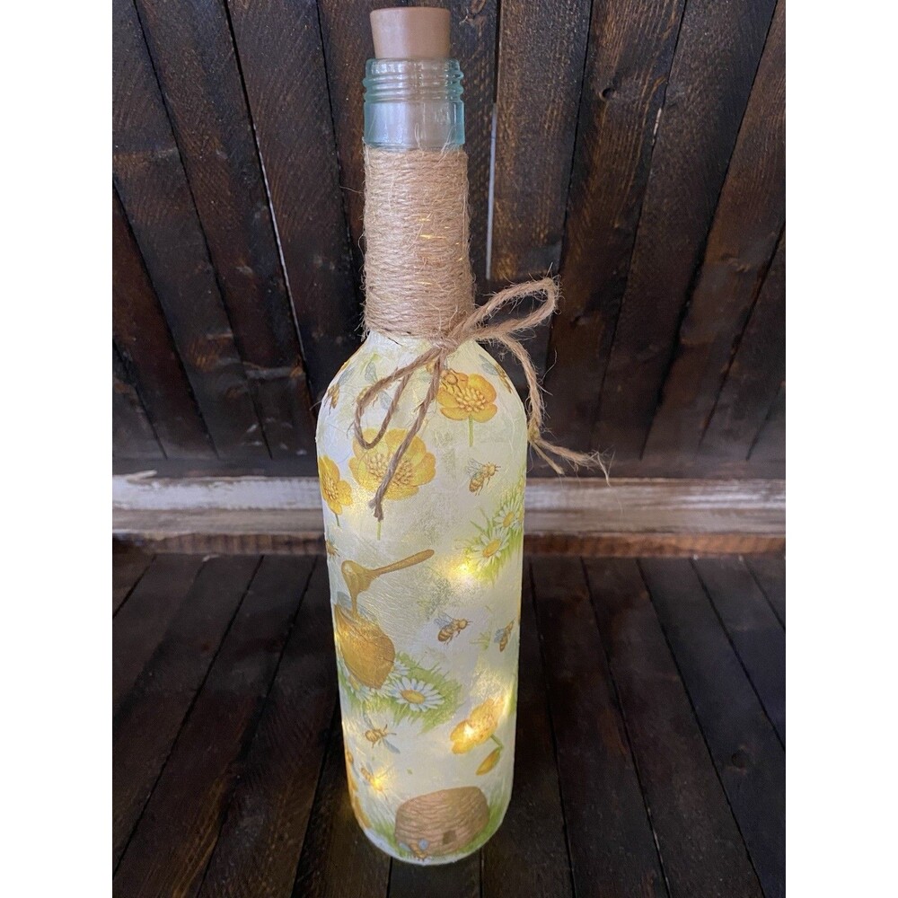Honey Bee Bee Hive Flower Handmade Lighted Wine Bottle Fairy Nightlight Decor